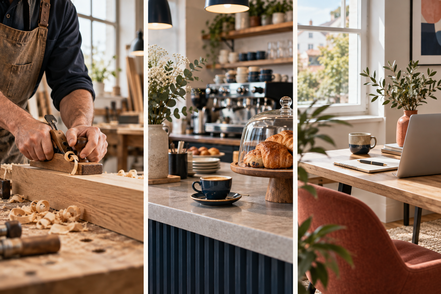 Trois inspirations fictives : atelier d’artisan, café de quartier et espace de consultante